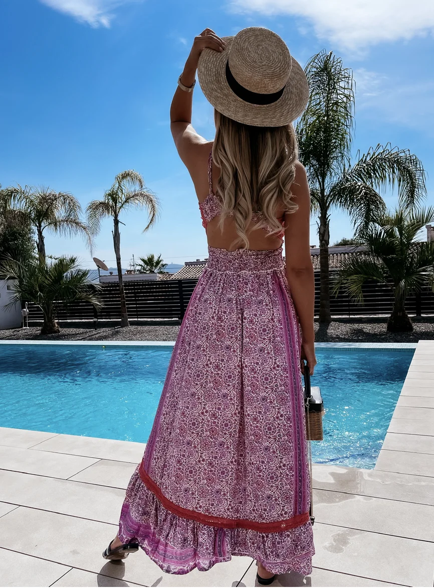 Robe Imprimée féminine Sexy V-cou Creux Dos Nu Spaghetti Sangle Licou Volanté à lacets robe Dames Plage Décontracté Vacances