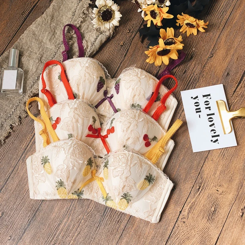 Комплект женского кружевного нижнего белья с принтом фруктов и чашками пуш-ап |