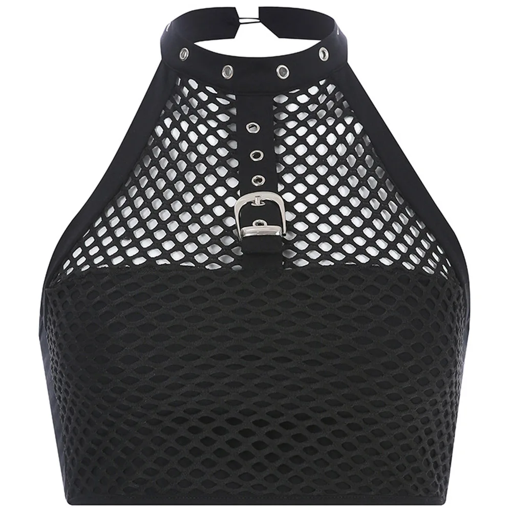 Летний сетчатый топ сексуальный готический с вырезами женский трендовый черный