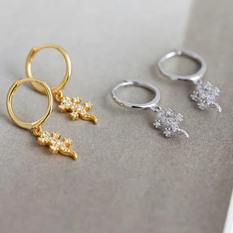 

A00581 Real 925 Sterling Silver Punk Lizard Gecko Stud Earrings for Fashion Women Fine Animal Insect Jewelry Accessories