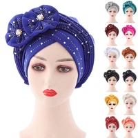 fashion hat solid color reusable floral decoration full rhinestone women hijab hat headgear muslim hijab