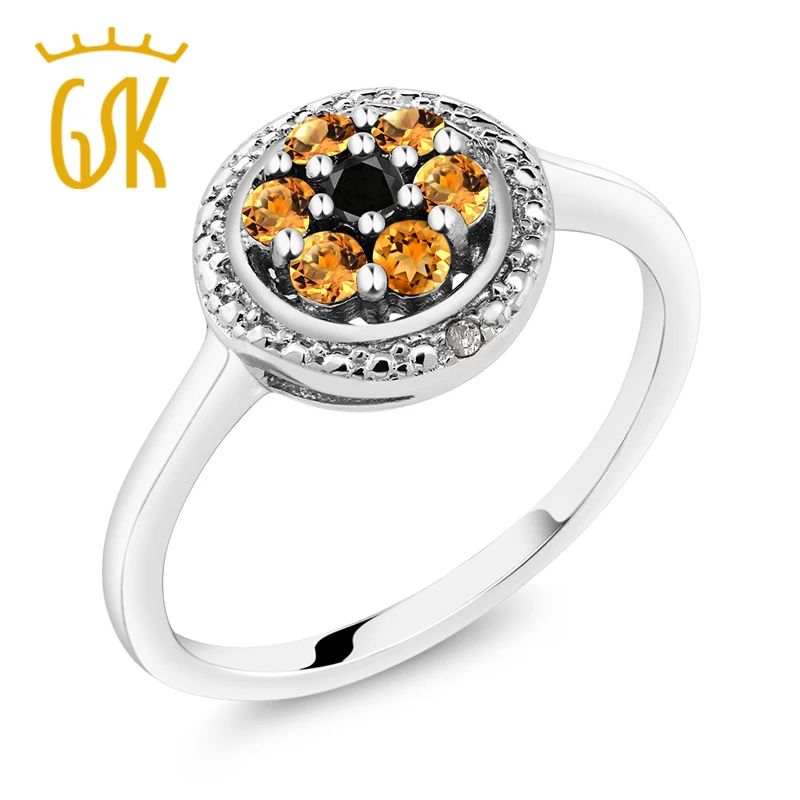 Кольцо GemStoneKing из стерлингового серебра 925 пробы с желтым сапфиром черным и белым