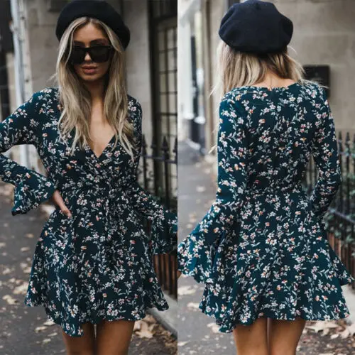 Женское богемное платье с длинным рукавом и v образным вырезом повседневное