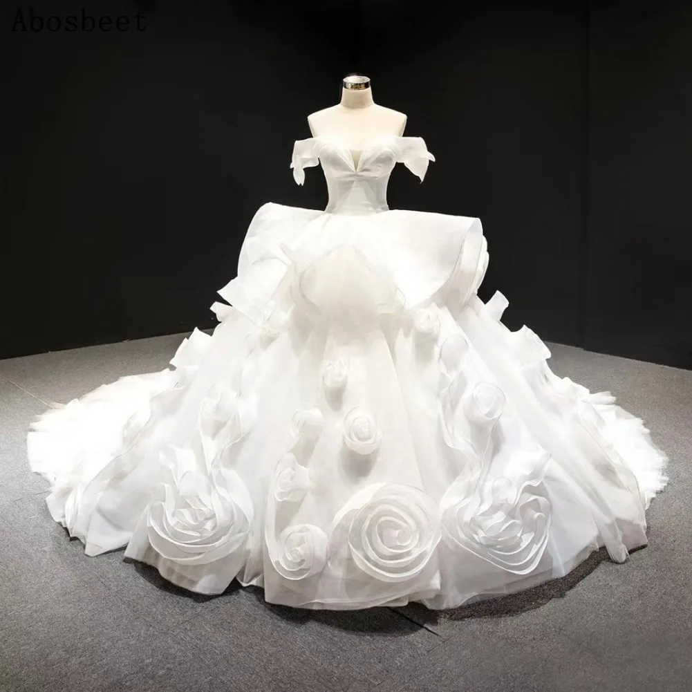 

3D Flower White Ball Gown Wedding Dress 2021 Off Shoulder Elegant Wedding Gown Bridal Dress Long Train Lace Up Back