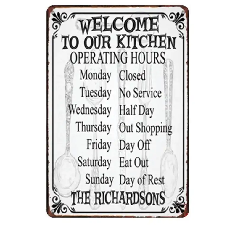 

Retro Poster Metal Plate 12*8 Inch Welcome To Our Kitchen Operating Hours Tin Sign Home Kitchen Restaurant Wall Decoration Board