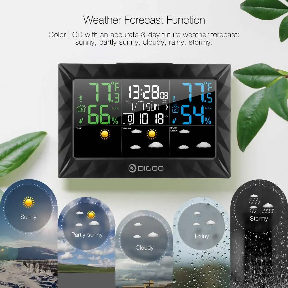 DIGOO DG-8270A Цвет Погодная станция+ открытый дистанционного Сенсор термометром и гигрометром декоративные часы для Повтор Sunrise Sunset Дисплей 3CH