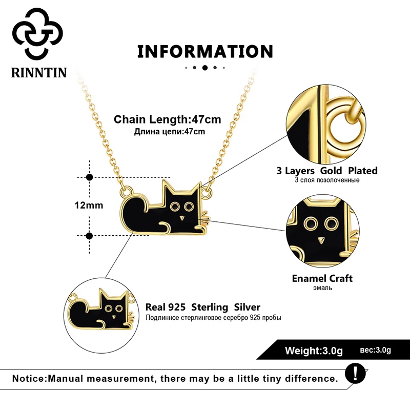 

Rinntin Pure 925 Sterling Silver Necklace Black Cat Design Gold Color Clavicle Chain Cute Animal Pendant Jewelry For Girl TEQN04