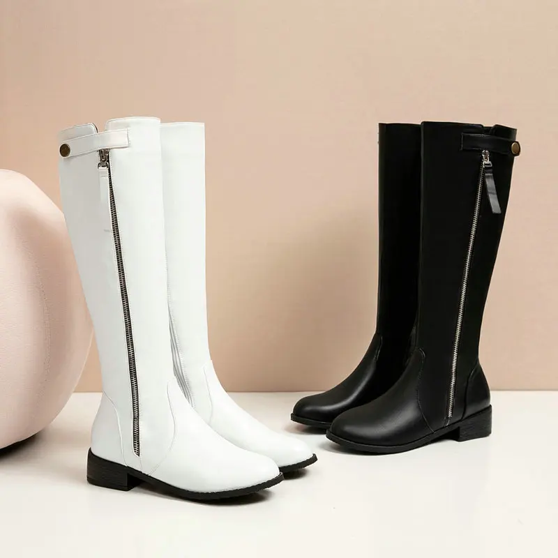 

Black White Women Knee High Boots Comfortable Flat with Ladies Ridding Boots Faux Leather Women Winter Boots big size 34-43
