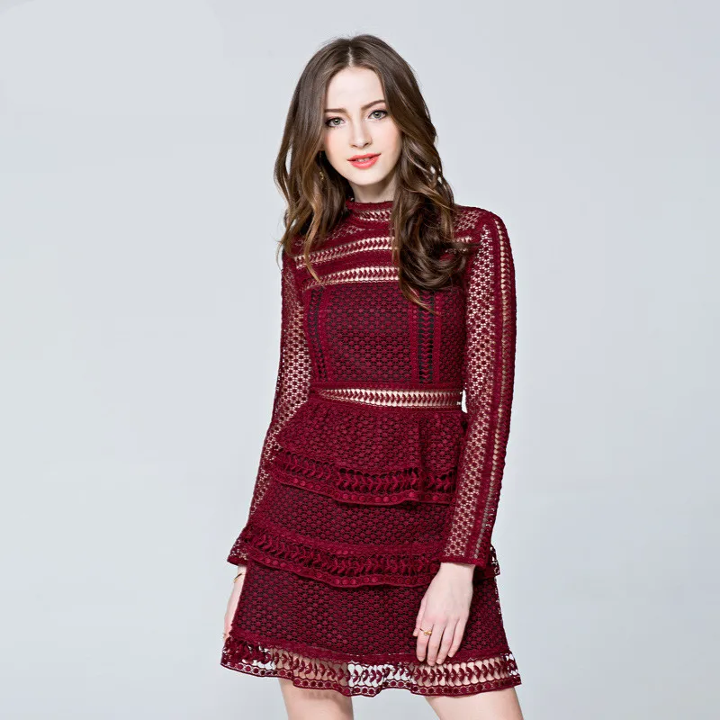 

Spring Dress 2020 Long Sleeve Stand Collar Lace High End Women Dress Socialite Sexy Party Cascading Ruffle Bandage Bodycon Dress