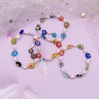 allnewme dainty multi coloured glass flower daisy charm bracelets for women irregular baroque freshwater pearl elastic bracelet