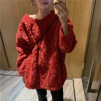 casual retro loose simple pullover top sweet and cute korean version of lamb hair plus velvet thick thick warm sweater