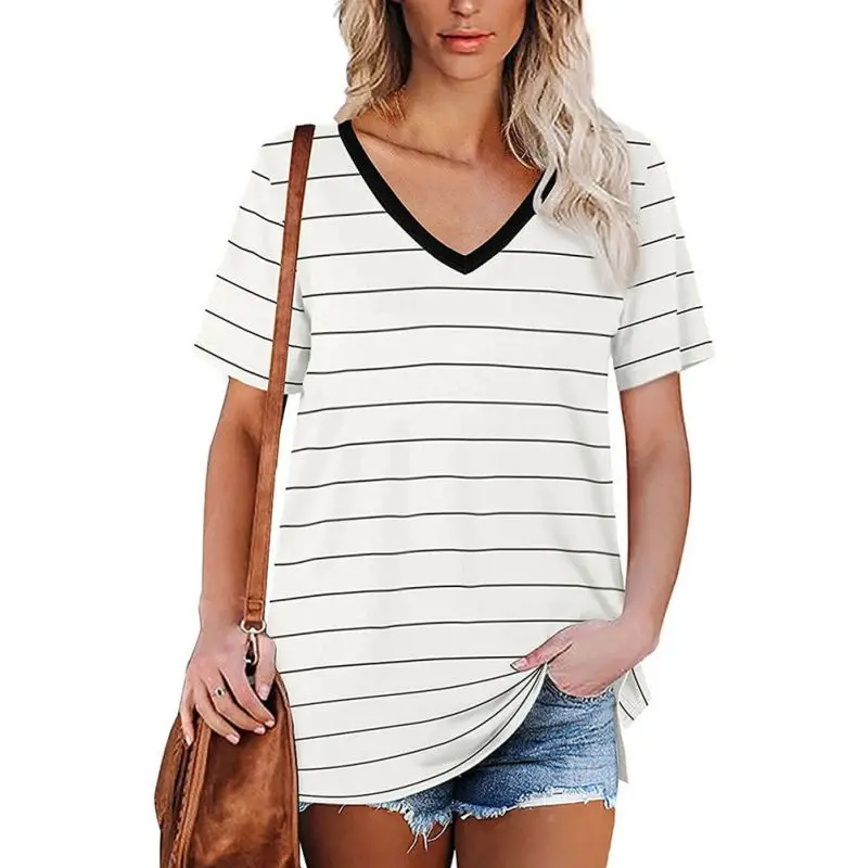 

Women Striped T Shirt Short Sleeve Summer Tees Women V-Neck Loose T Shirts Female Casual Top