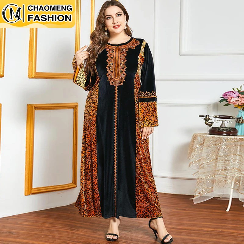 

Latest Plus Size Dress Autumn and Winter Women's Ethnic Embroidery Long-Sleeved Leopard Print Hit Color Casual Gold Velvet Dress