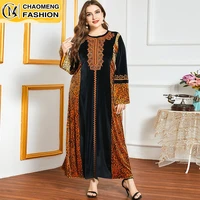 latest plus size dress autumn and winter womens ethnic embroidery long sleeved leopard print hit color casual gold velvet dress