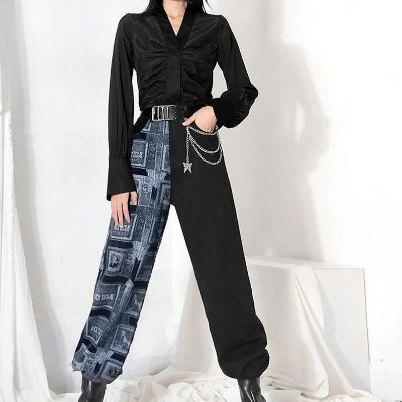 

High Street Denim Pants for Women New Arrival High Waist Wide Leg Trousers Woman Handsome Print Loose Jeans Female Casual Pants