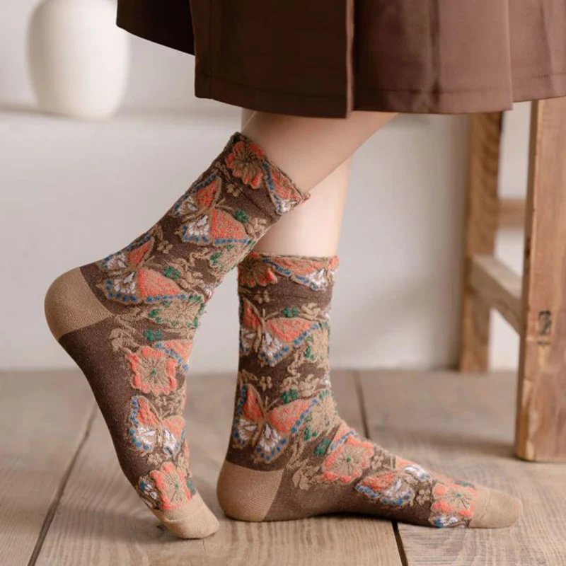 3Pair Gife For Women Winter Socks Cotton Print Folk-Custom Style   Long Socks Clothing Accessories Cute Vintage Skarpety Damskie