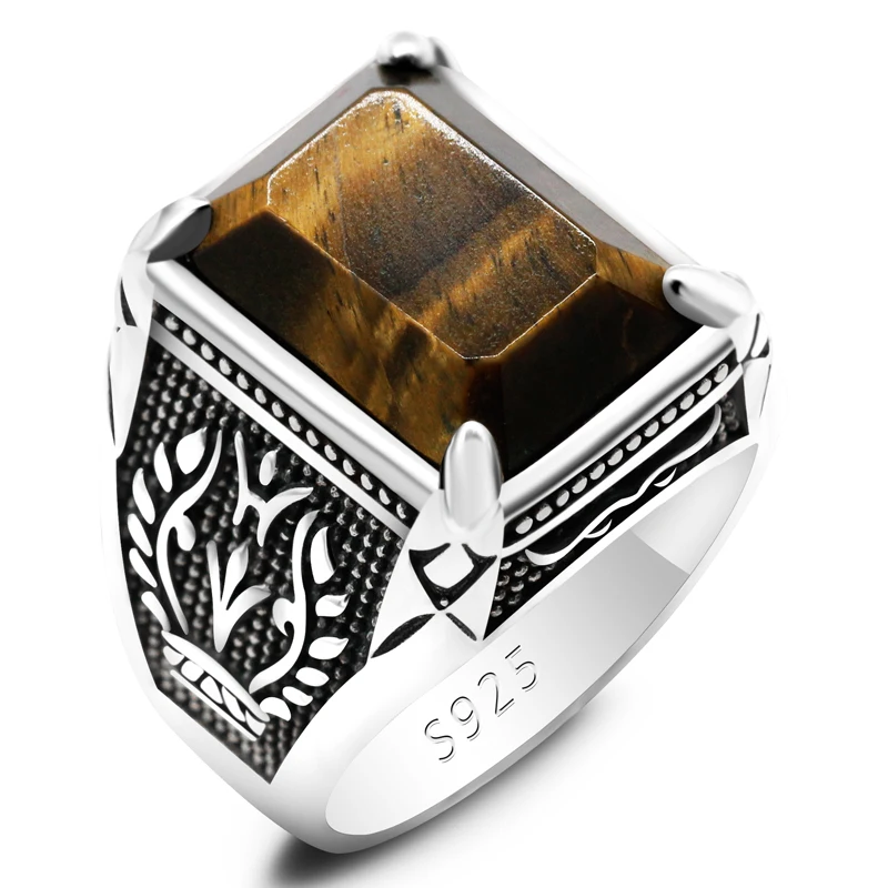 

Fashion Jewelry 925 Sterling Silver Men's Ring Inlaid Tiger Eye Stone Hunk Ring Hot Men's Gift Motorcycle Ring