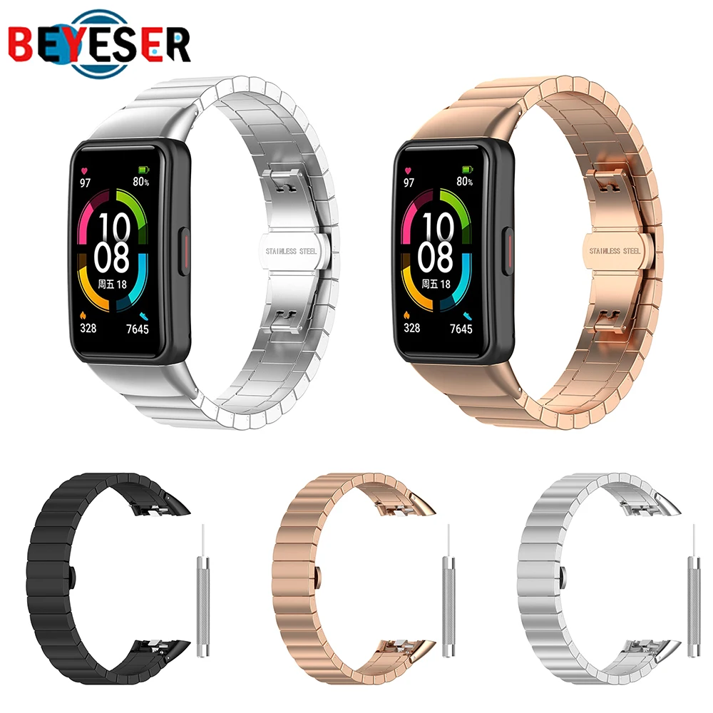 

Ремешок из нержавеющей стали для смарт-часов Huawei Honor Band 6, браслет с двойной застежкой, цельный браслет из нержавеющей стали