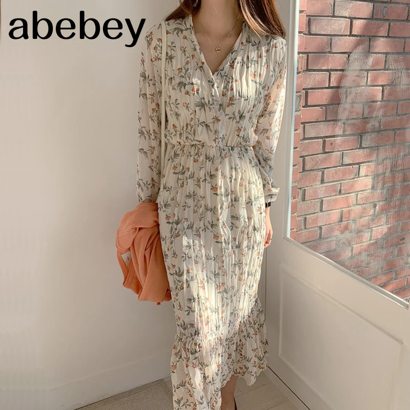 Женское шифоновое платье с оборками Элегантное Длинное цветочным принтом V