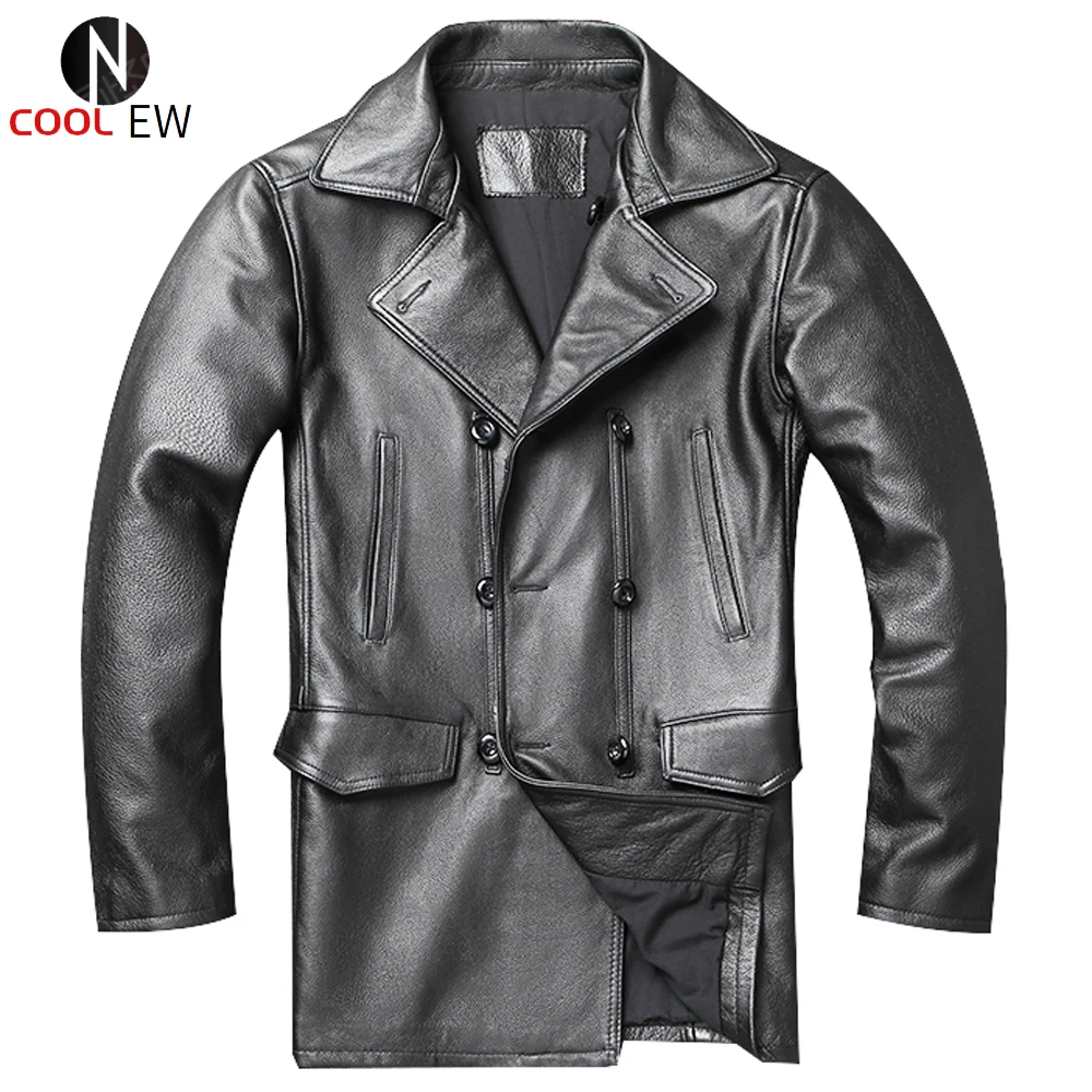 

Мужское винтажное пальто из натуральной кожи, черное пальто в европейском стиле, роскошный костюм, тренчкот, Ветровка из воловьей кожи для з...