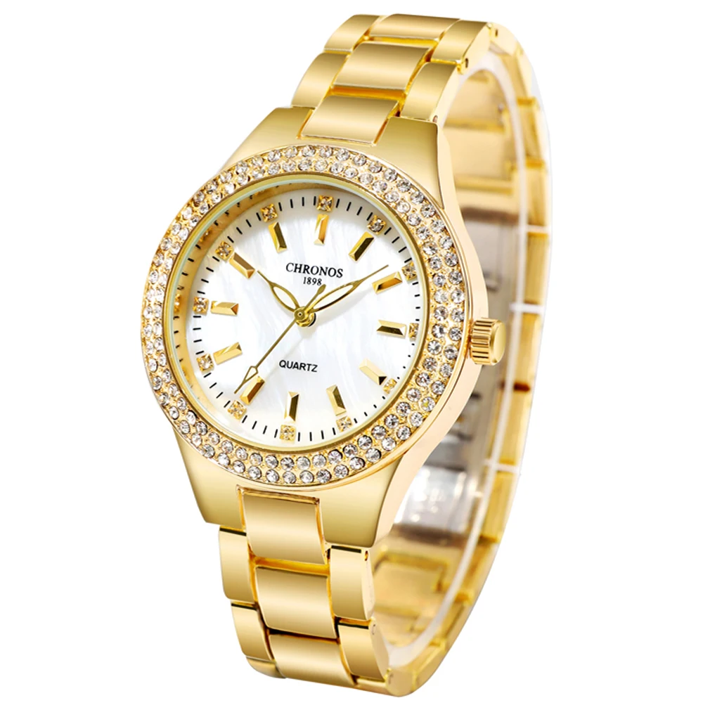 

CHRONOS Elegant Women Watch Ladies Luxury Brand Rhinestones Hardlex Dial Stainless Steel Folding Clasp Band Fashion Wristwatch