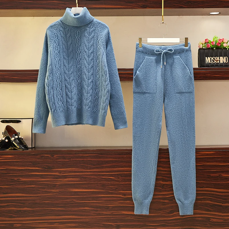 

Autumn Winter Casual Sportswear Sweater Pants Two Piece Set Women Weave Jacquard Stand-up Collar Pullover Tops + Sweatpants Suit