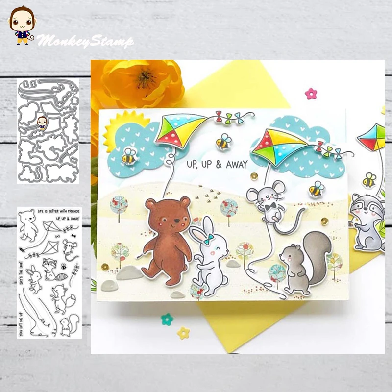 Металлические штампы и MonkeyStamp с изображением животных летающего воздушного змея