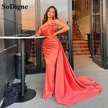 SoDigne vestido de noche de sirena de satén naranja, con un hombro, plisado, Formal, para mujer, Arabia Saudita, baile de graduación (3)