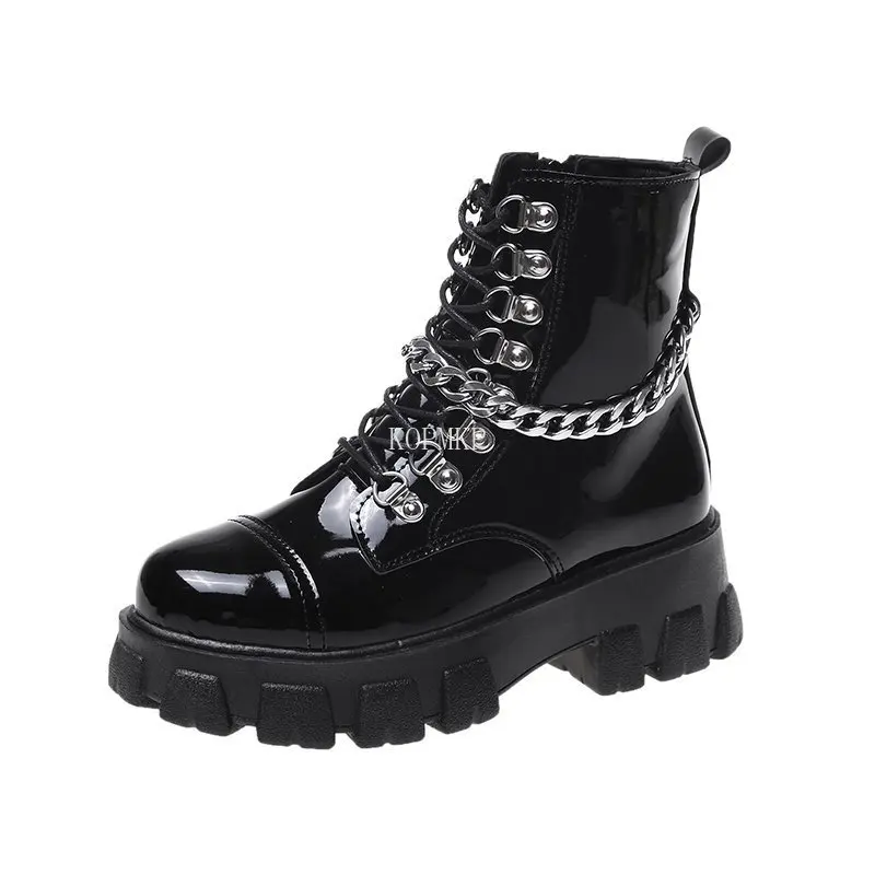 

Sexy Chain Women Leather Autumn Boots Block Heel Gothic Black Punk Style Platform Shoes Kopmkp New Female Footwear High Quality
