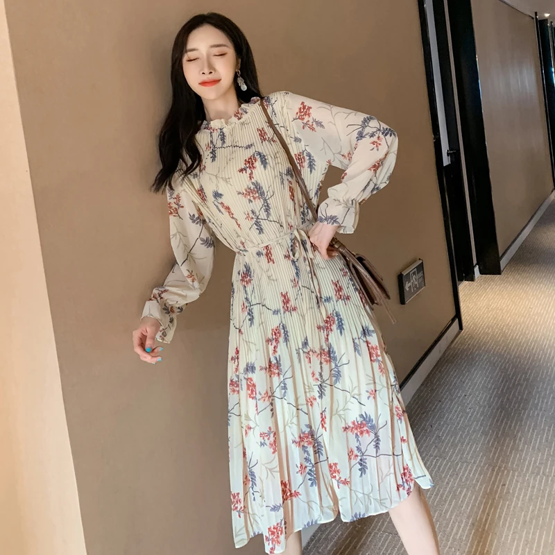 Плиссированное Платье миди с цветочным принтом женское шифоновое платье в стиле