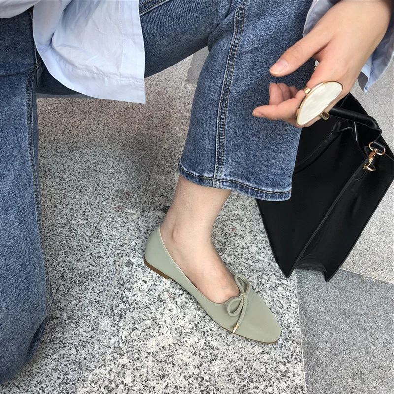 

2020 Autumn New Fashion Women Green Ballet Flats Spring Casual Soft Leather Ballerina Flats Korean Boat Shoes Mocasines Mujer
