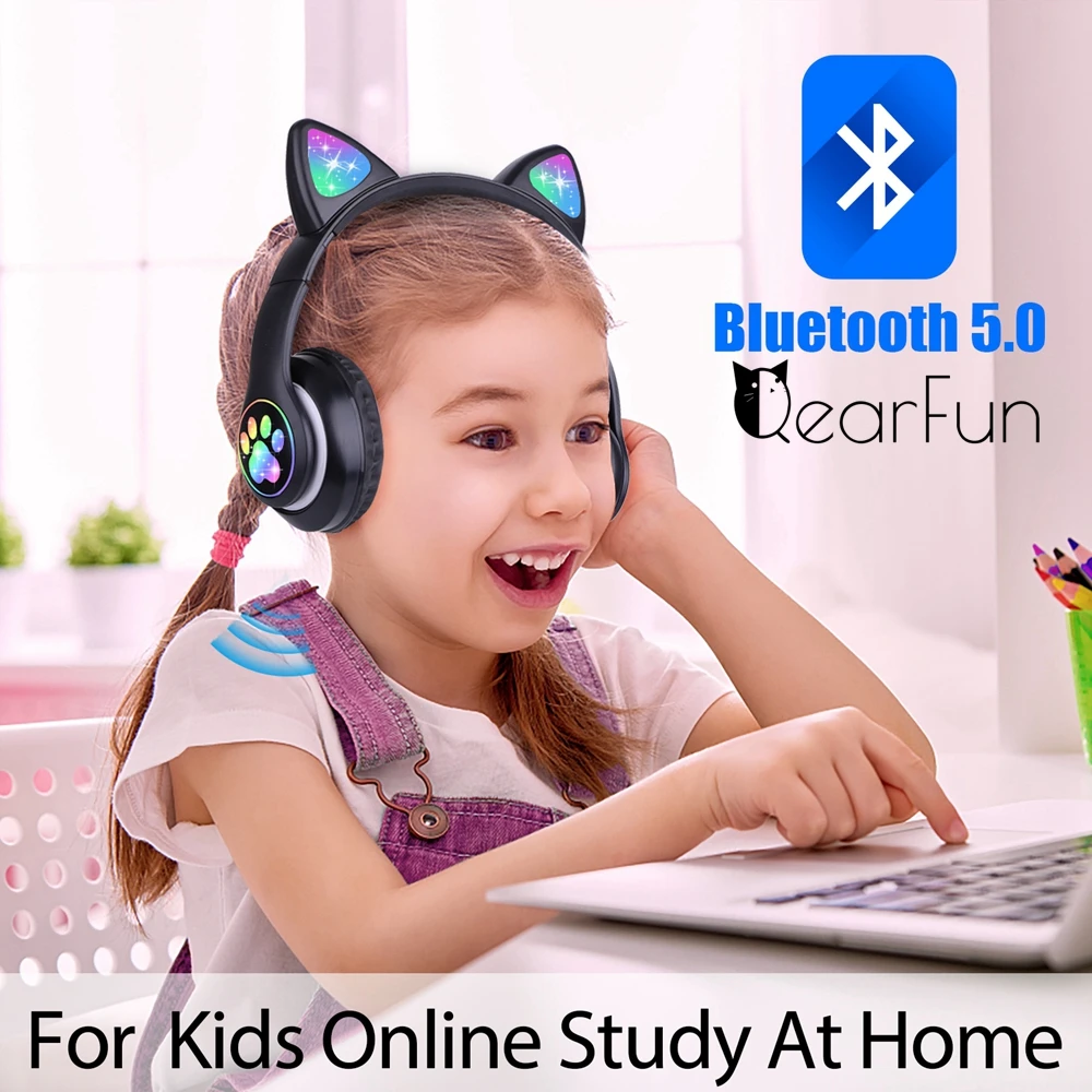 Cute Cat Bluetooth Wireless Headphones With Mic & audio cable Glowing RGB LED Children Black Pink Girls Stereo Music Headset |