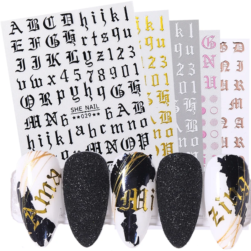 

Black White 3D Nail Art Sticker Gothic Letters Transfer Nail Decals Decoration Unique Alphabet Self-Adhesive Nail DIY Design