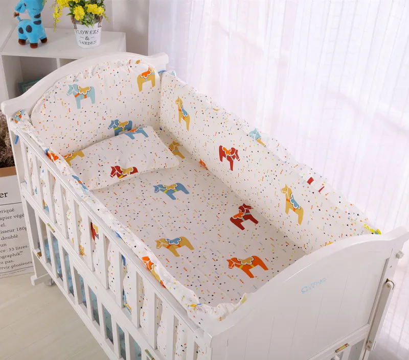 

6PCS Kit Cartoon Baby Bedding Set Cot Bedding Set Cotton Washable Bumper cuna bebe (4bumper+sheet+pillow cover)
