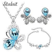 butterfly blue austria crystal necklace earring bracelet jewelry set for women party fashion jewelry christmas gift