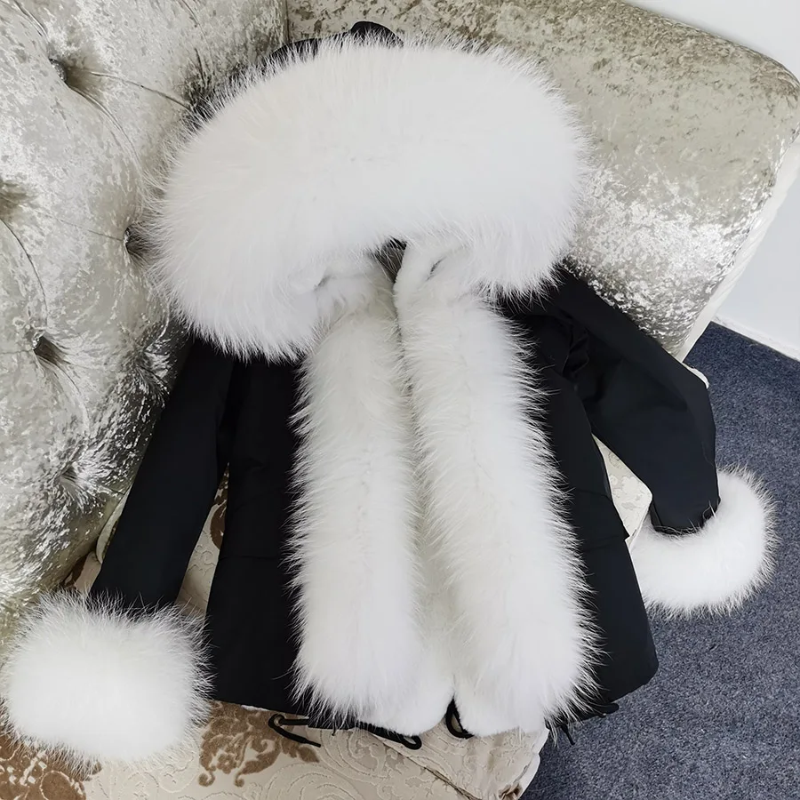 MAOMAOKONG Winter Clothes Women Natural fur coat Real Raccoon Fur Collar Parkas Faux Fur Lining Short Jacket add Placket cuf fur