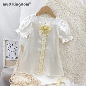 Mudkingdom Little Girls Dress Straight Bow Puff Sleeve Button Casual Chiffon Ice Silk Princess Dresses for Toddler Cute Clothes