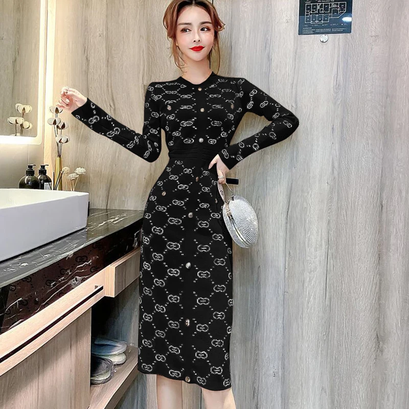 

Paris Girl Women's Dress O-Neck Printed Striped Female Dresses High Waist Long Sleeve Bodycon Sexy Winter Ladies Elegant Vestido