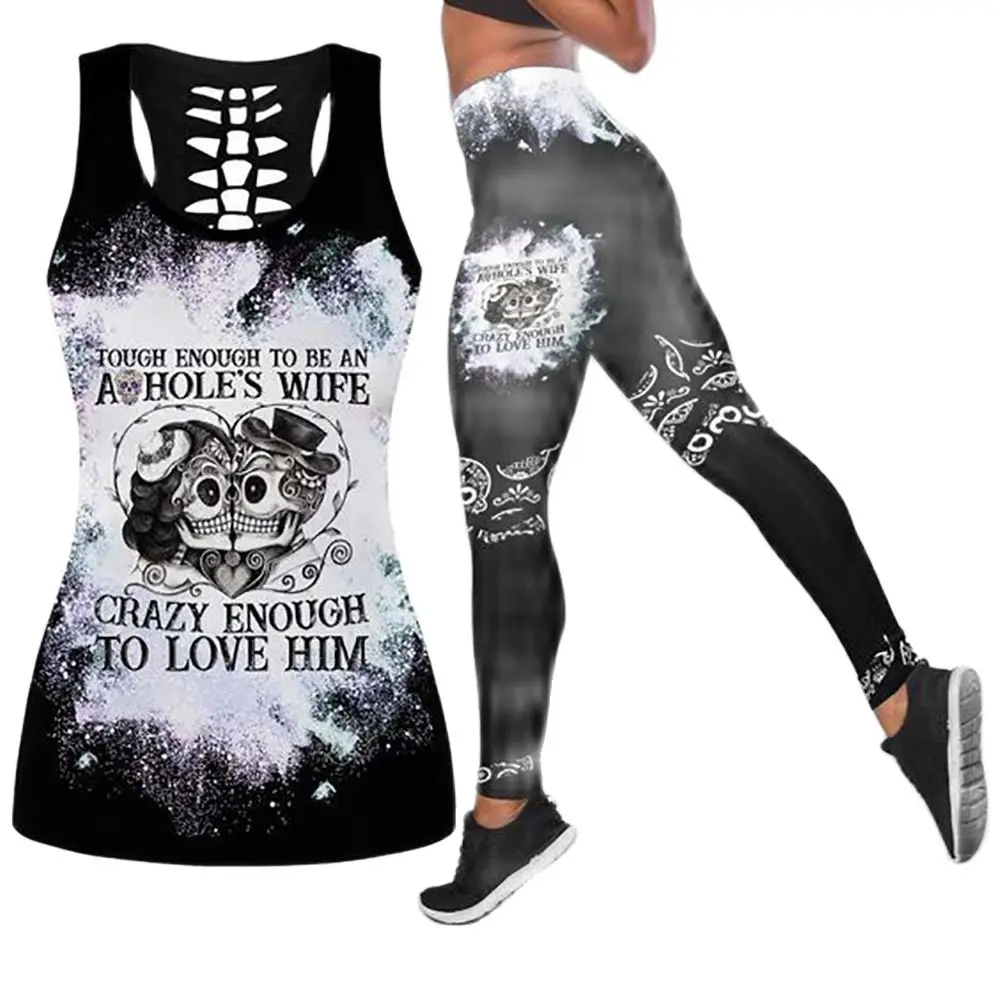 

Womens Over Printed Yoga Suit Pirates of the Caribbean 3D Printing Hollow Vest Tank Top High Waist Leggings Sports Ladies Suit