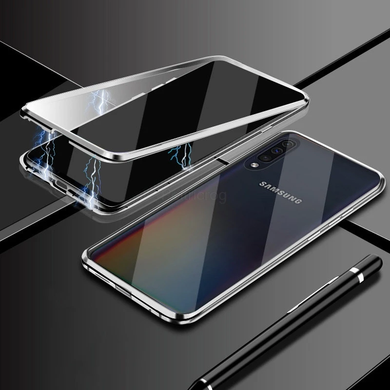 Silver Магнитный металлический чехол для samsung Galaxy A7 A8 A9 A10 A50 A60 A70 A20 A30 A40 M10 M20 M30 M40 A80 Двусторонняя стеклянная крышка - Цвет: Silver