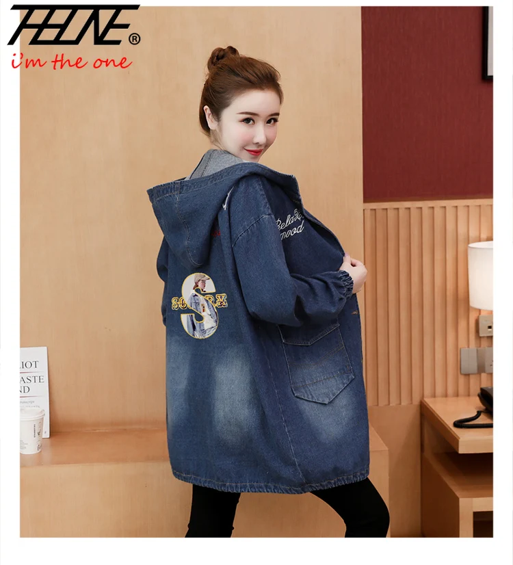 

Осенняя джинсовая куртка THHONE, женская джинсовая куртка средней длины, Повседневная Свободная куртка с капюшоном и пряжкой, Женский Топ овер...