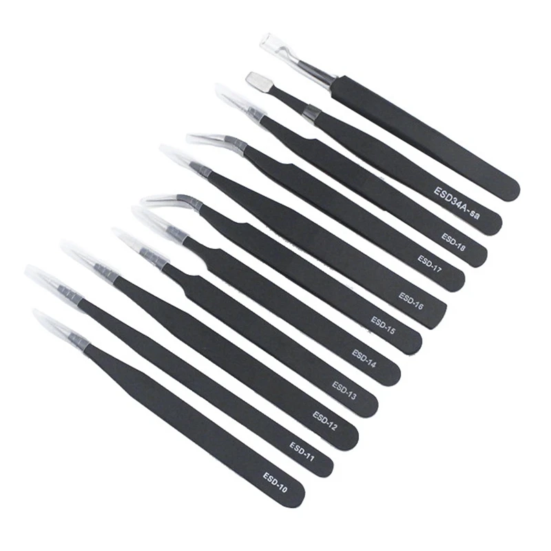 

12Pcs ESD Anti-Static Precision Tweezers Tools Kit Non-Magnetic Tweezers Set with Storage Bag for Electronics Soldering