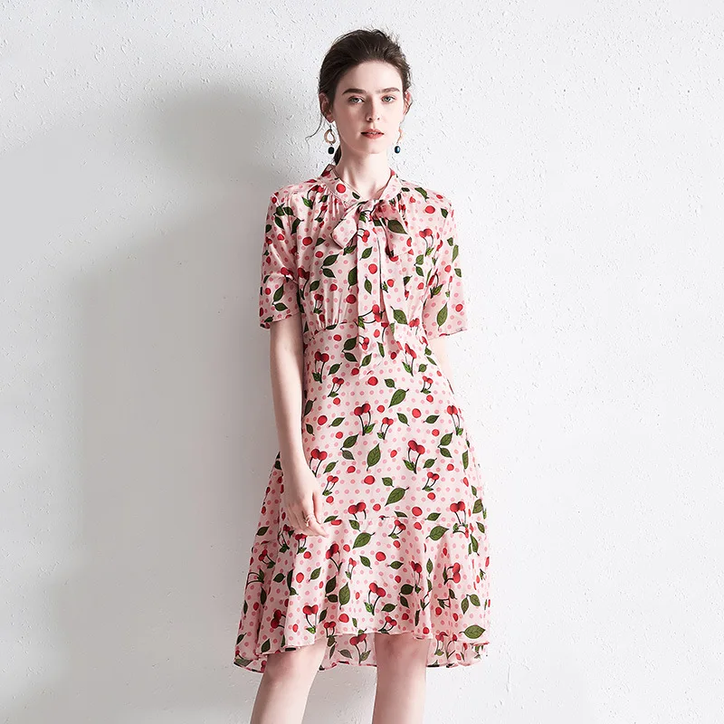 

High-End Silk Midi Dress Women Elegant Bow Short-Sleeved Printed High Waist A- Line Dress 2021 Summer Vacation Office Lady Dress