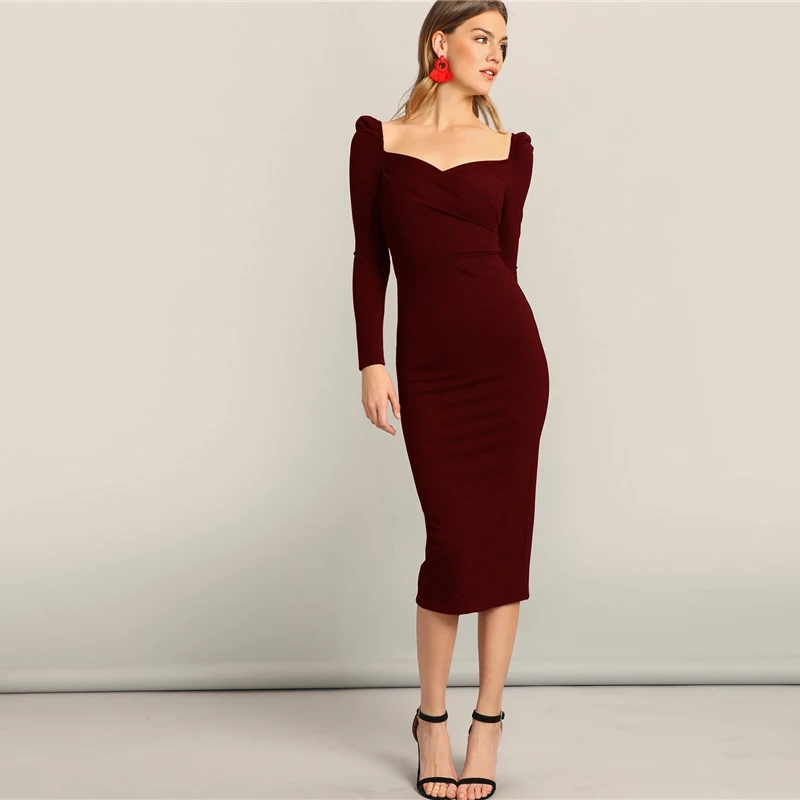 SHEIN Платье-Карандаш С Разрезом И Оригинальным Рукавом Женское Элегантное Платье С Длинными Рукавами И Высокой Талией