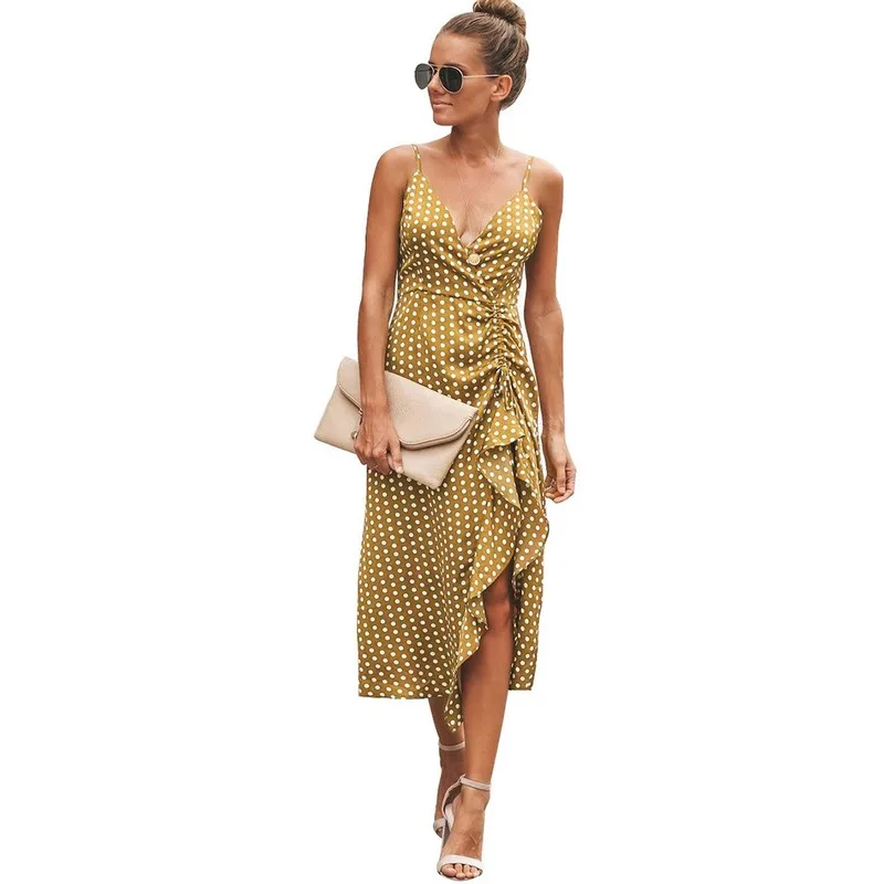 

2020 Summer Women Polka Dot Dress Sleeveless Sexy Suspender Split Off-Shoulder Dovetail
