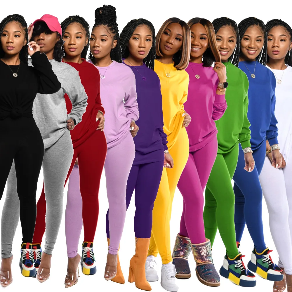 

Sport Solid Women's Set Two Piece Set Long Sleeve Tops Leggings Jogger Pants Suit Tracksuit Matching Set Casual Outfit