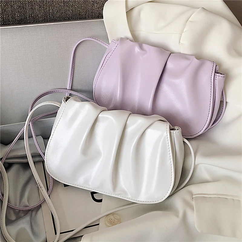 

Vintage Women Pleated Thick Chain Shoulder Underarm Bag Casual All-match Ladies Small Handbag Purse Pure Color Square Bags