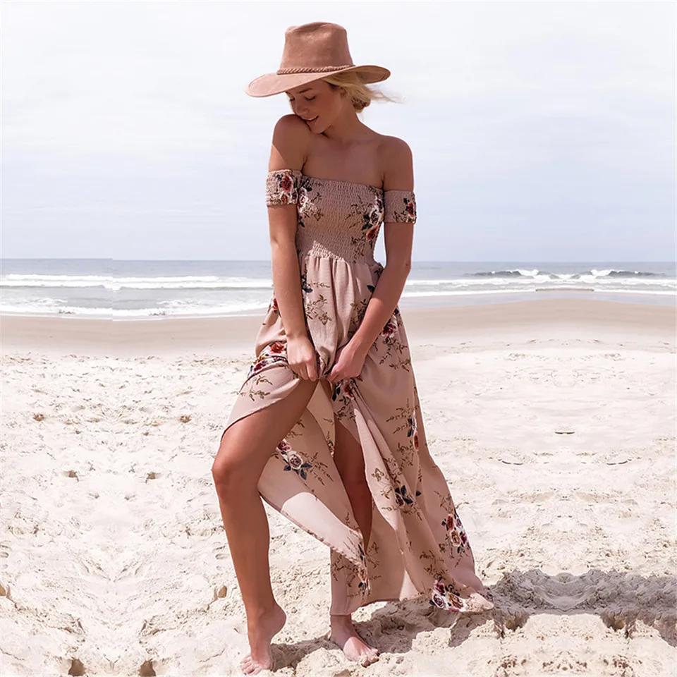 

Summer Chiffon Dresses 2020 Women Casual Off Shoulder Beach Boho Style Floral Print Long Sexy Maxi Dress Vestidos