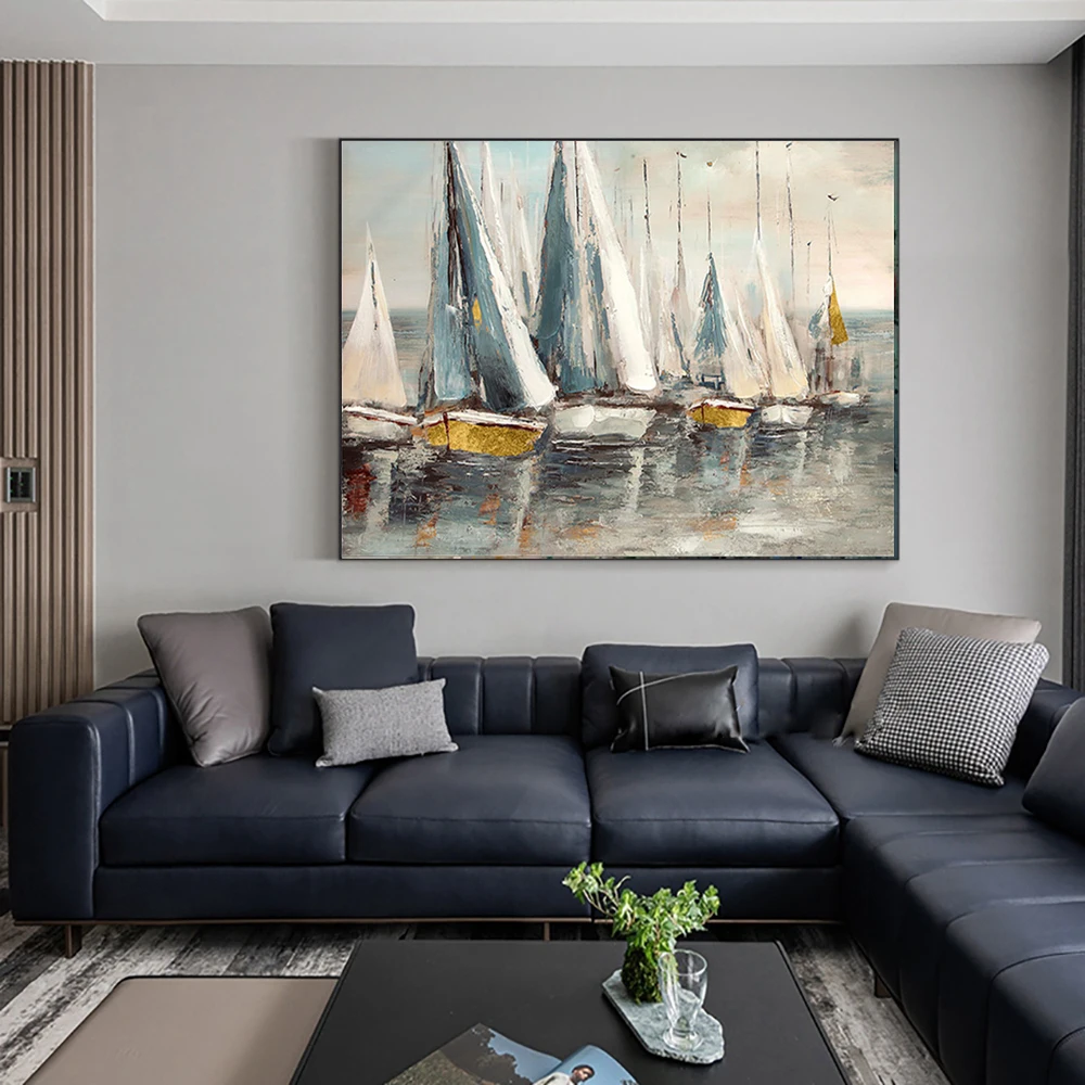 

100% ручная роспись Абстрактная парусная лодка картина маслом на холсте искусство на стену украшение для гостиной дома офиса подарок