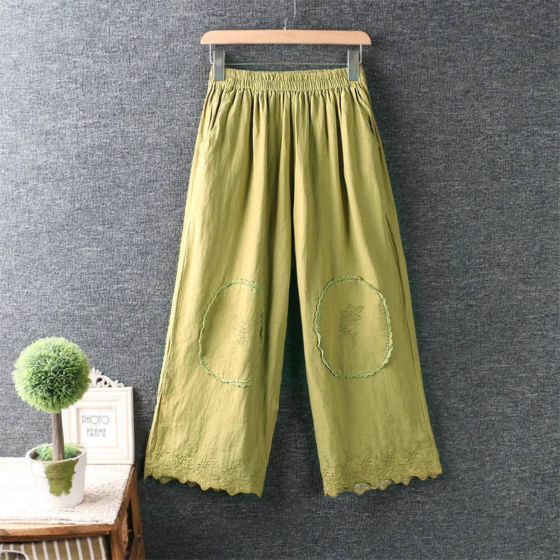 

Брюки женские из хлопка и льна, с вышивкой и эластичной талией, широкие, свободные, в японском стиле, лето NWM921-28